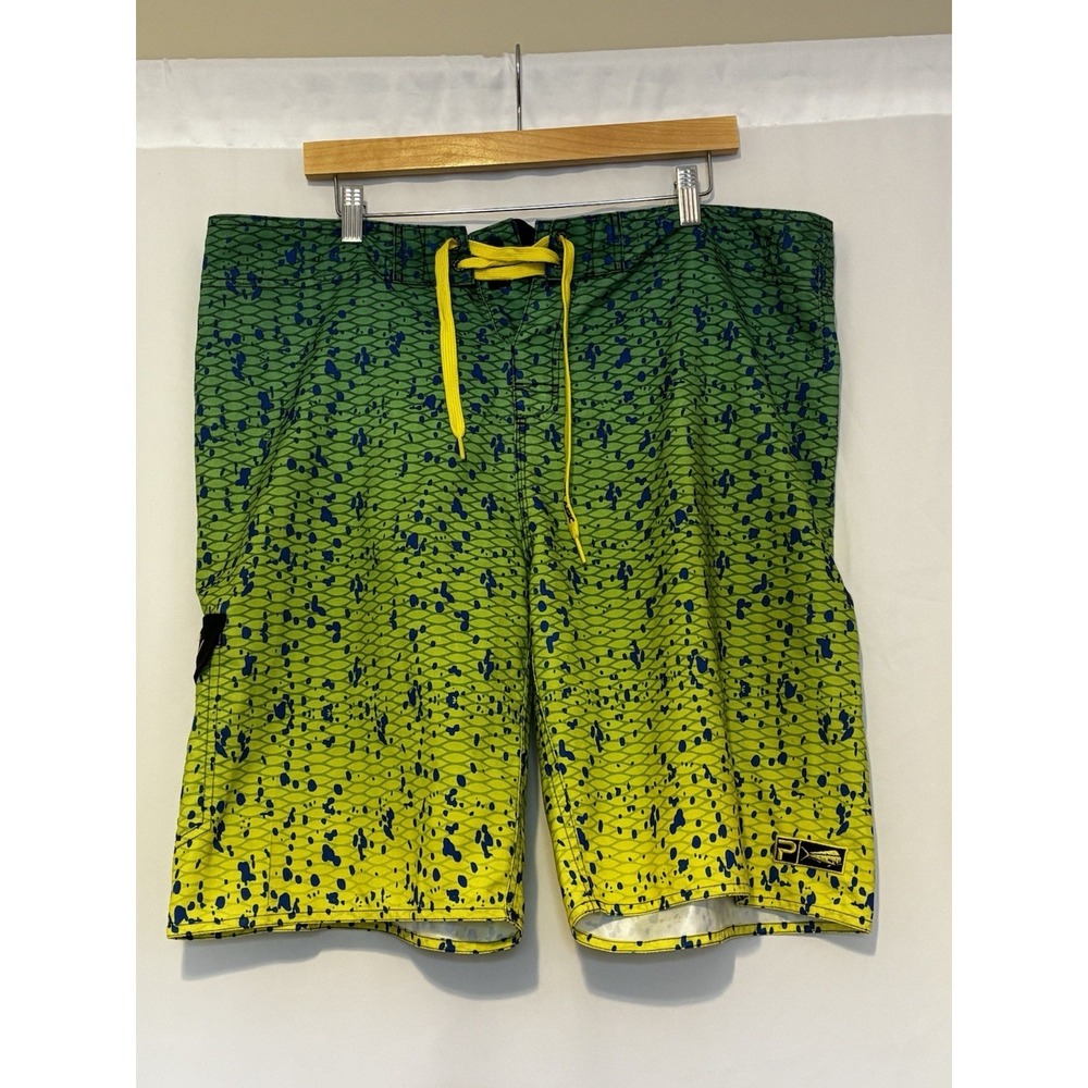 Pelagic Dorado Cargo Board Shorts Mens Size 40 Lime Green Yellow Blue Swimming